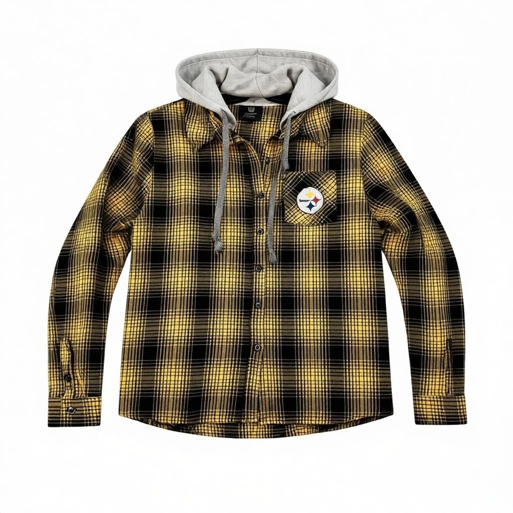 Pittsburgh Steelers Juniors XL Hooded‎ Flannel Shirt NFL Plaid Hoodie Black Gold